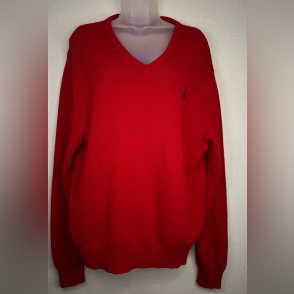 Polo‎ Ralph Lauren Red 100% Wool V-neck Pony Sweater Pullover Size Large Unisex - Picture 1 of 8